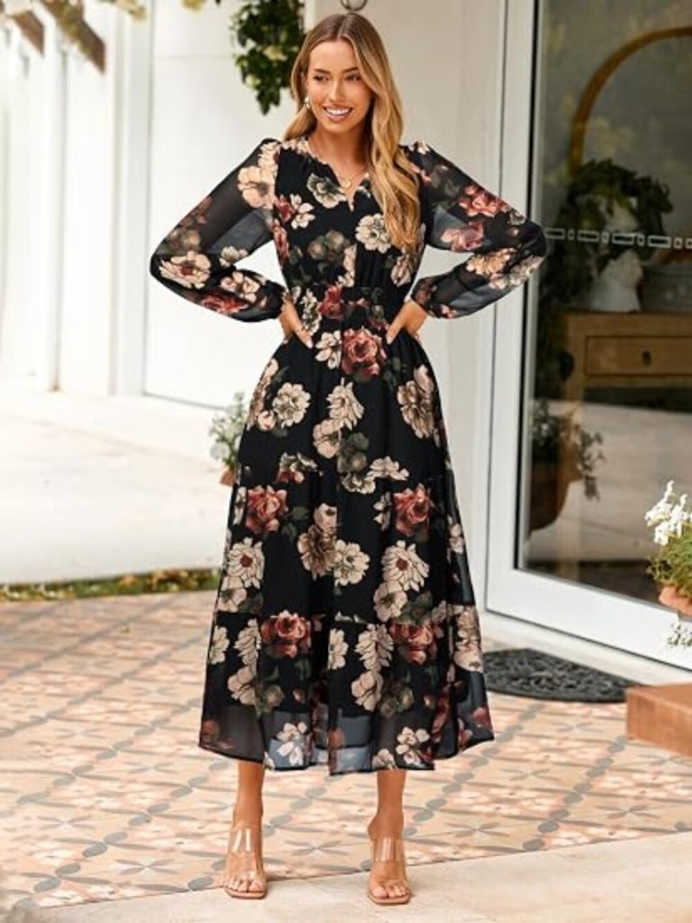 Women's Floral Boho Long Sleeve Maxi Dress V Neck Empire Waist Swing Flowy Weddi